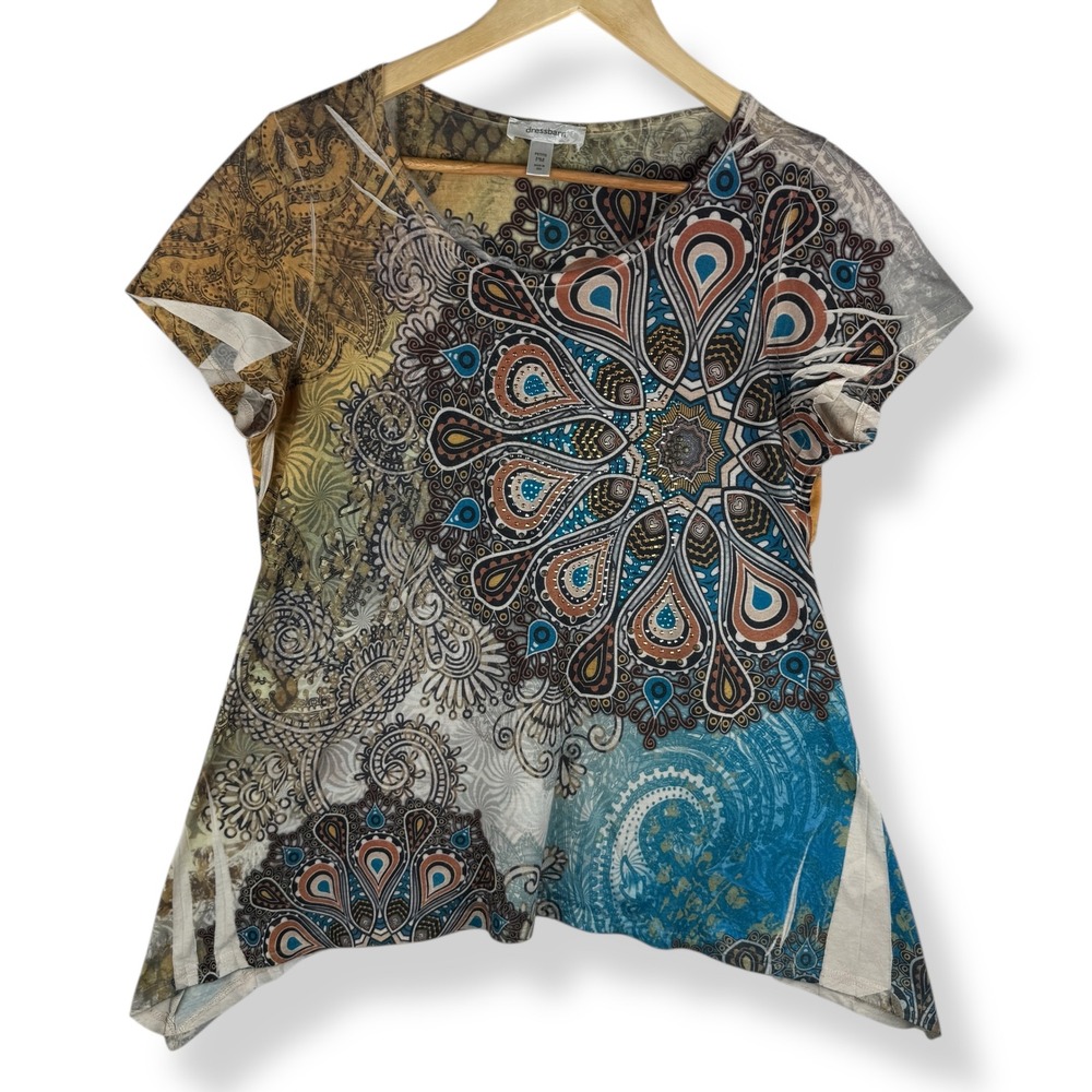 Vintage Y2K Womens Mandala Print Tunic Top Size Medium Boho Artsy Paisley Earthy